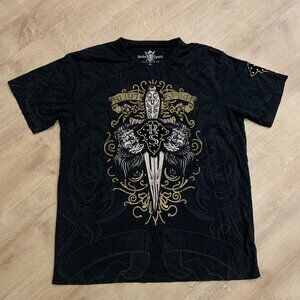 Y2K Rebel Spirit Goth Grunge Sword AOP T-Shirt Men's 3XL Tribal Embroidered Tee